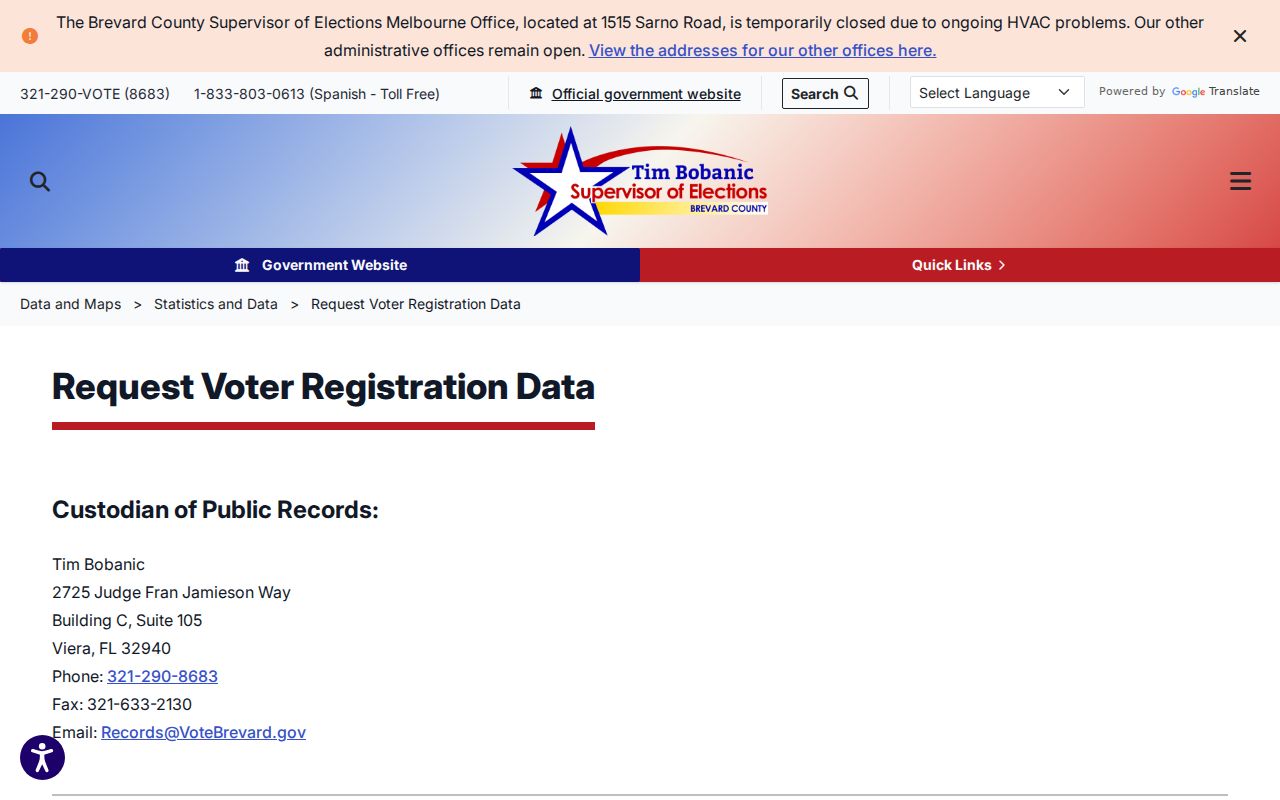 Brevard Supervisor of Elections voter data request page for Rockledge records