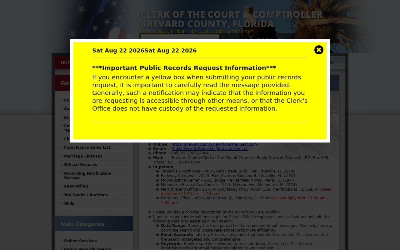 Brevard Clerk public records request methods for earlier Rockledge deed research