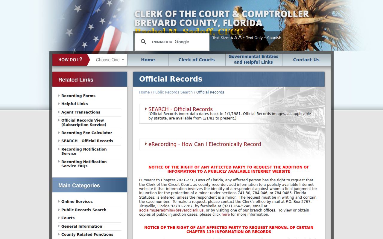 Brevard Clerk Official Records page used to trace previous Rockledge property owners