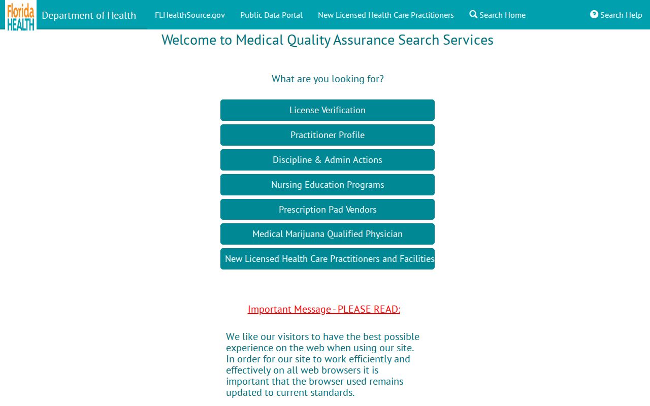 Florida MQA professional license search used to verify a Rockledge affiliation