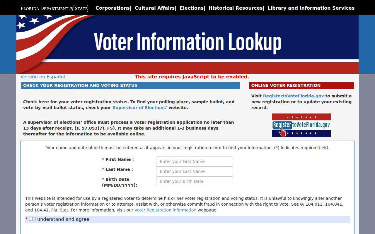 Florida voter status form with residence and precinct lookup for Rockledge