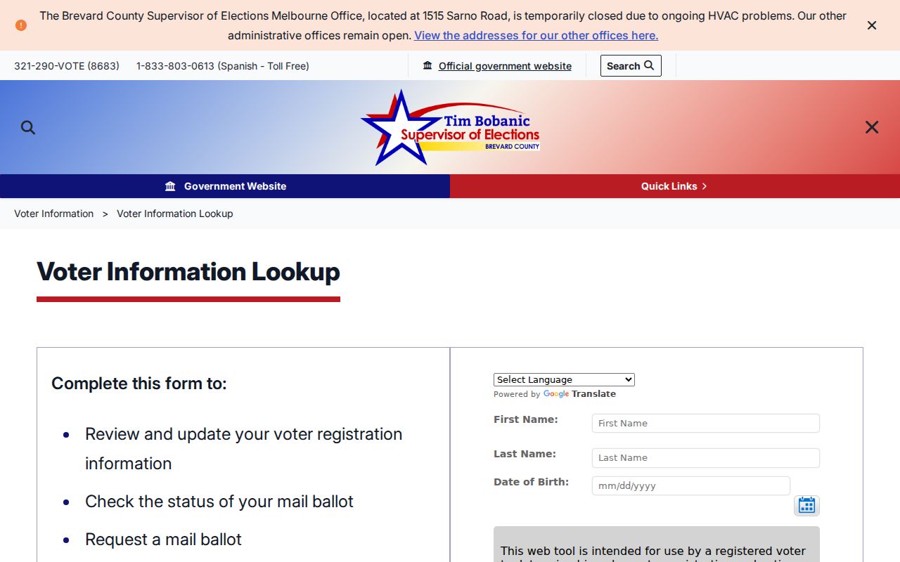 Brevard Supervisor of Elections gateway for Rockledge voter ZIP research